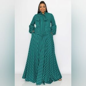 LIVD Teal Black Houndstooth Maxi Dress Plus Size 1X Bishop Sleeve Church Formal